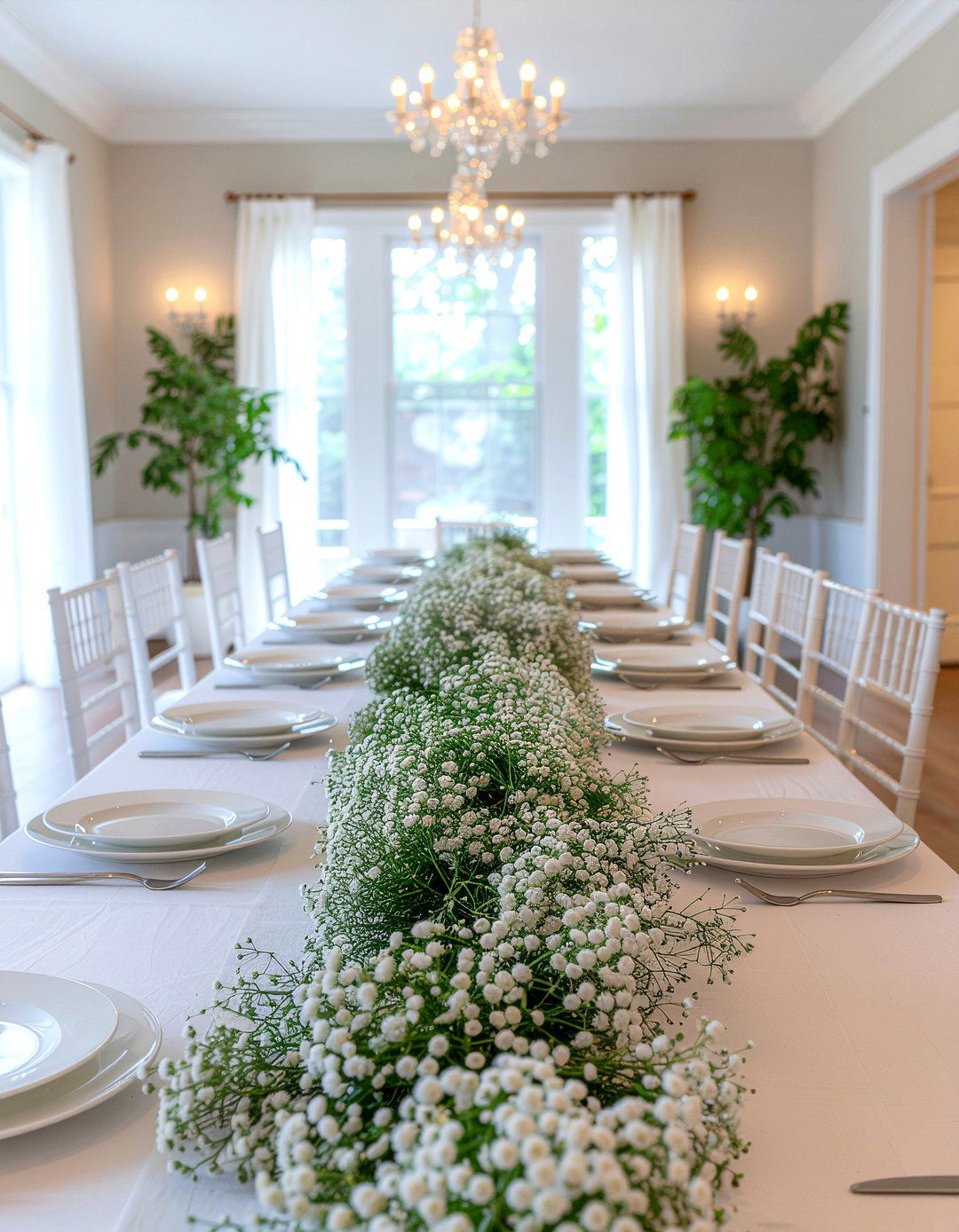 Babys Breath Runner - 30 dining room fresh flower ideas