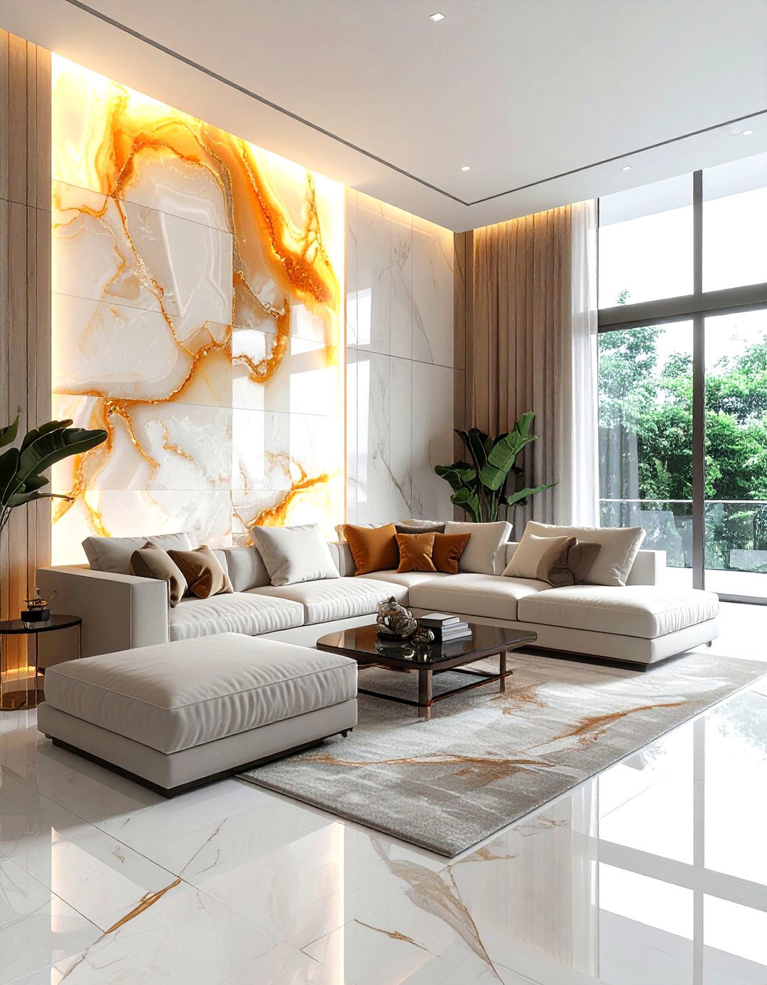 Backlit Onyx Feature Wall - 30 living room stone wall ideas