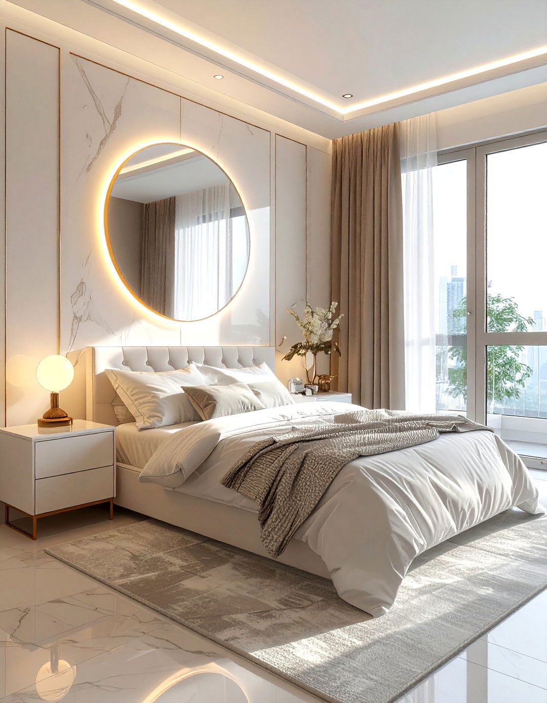 Backlit round wall mirror - 30 bedroom ambient lighting ideas