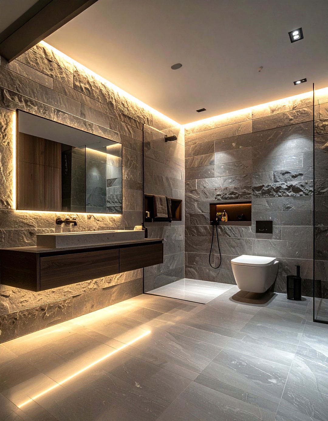 Backlit stacked stone bathroom wall - 30 stacked stone bathroom ideas