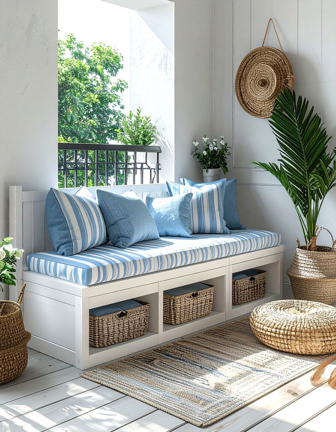 Balcony storage bench - 30 small balcony ideas
