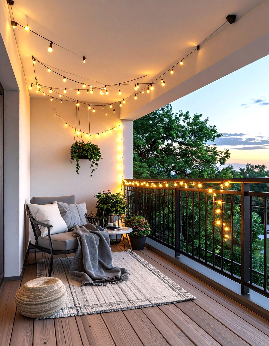 Balcony string lights - 30 small balcony ideas