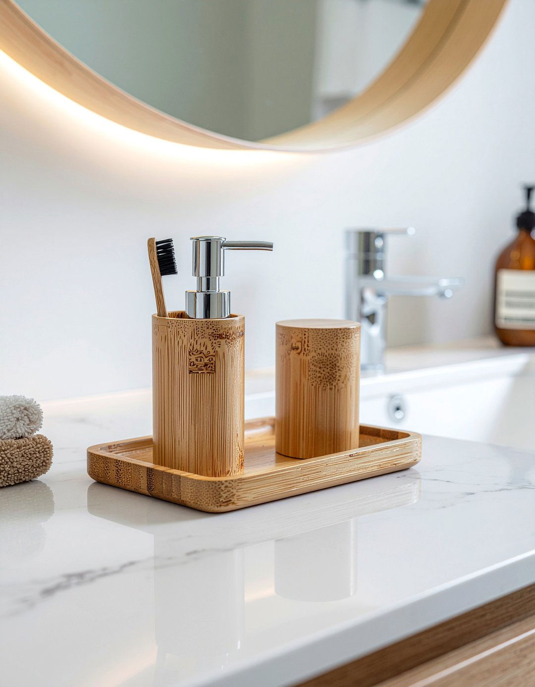 Bamboo Accessories On Marble Counter - 30 bamboo bathroom ideas