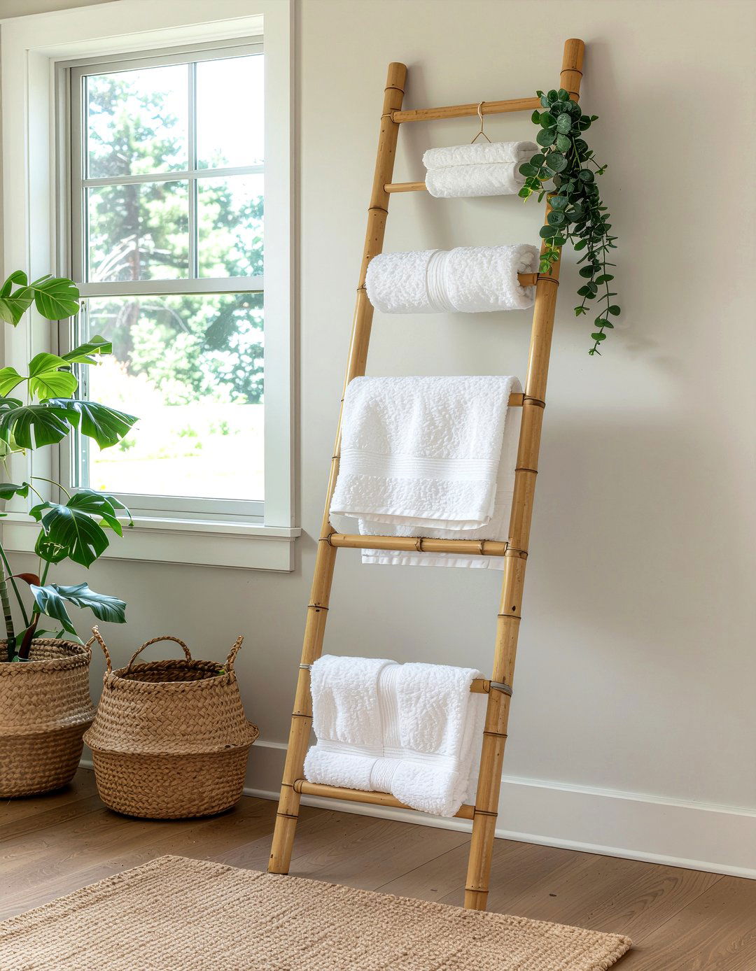 Bamboo Ladder In Corner Nook - 30 bamboo bathroom ideas
