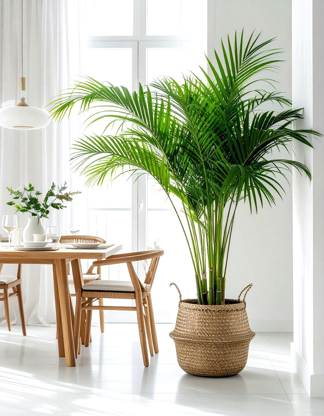Bamboo Palm in Tropical Dining Room - 30 dining room indoor plant ideas