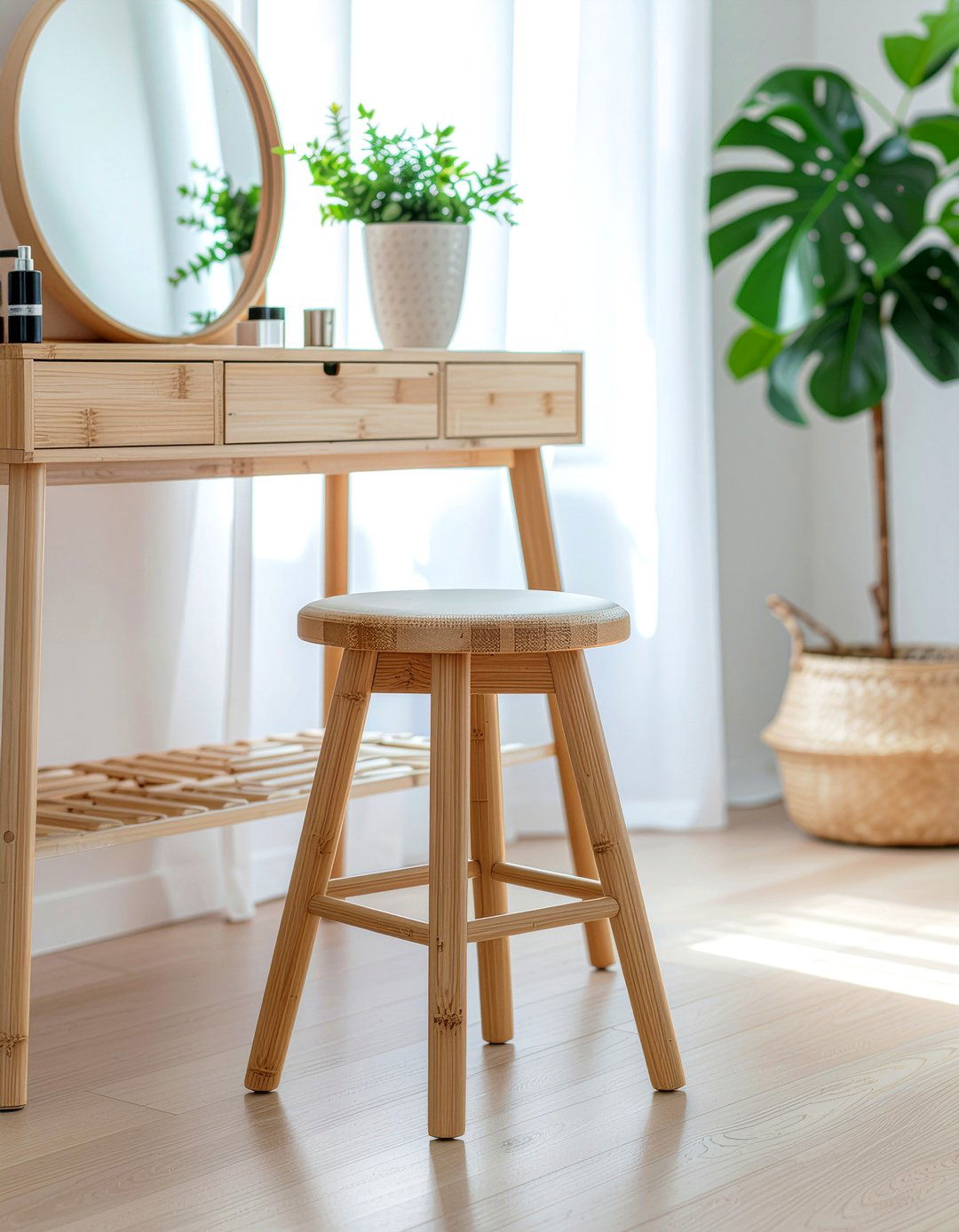 Bamboo Stool At Makeup Station - 30 bamboo bathroom ideas