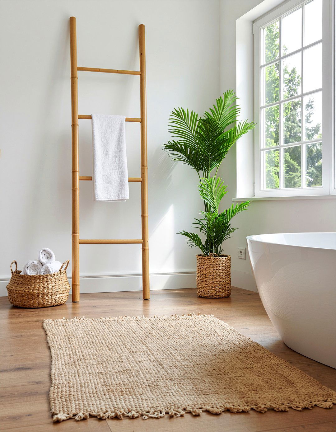 Bamboo Towel Ladder - 30 rolled towel display ideas