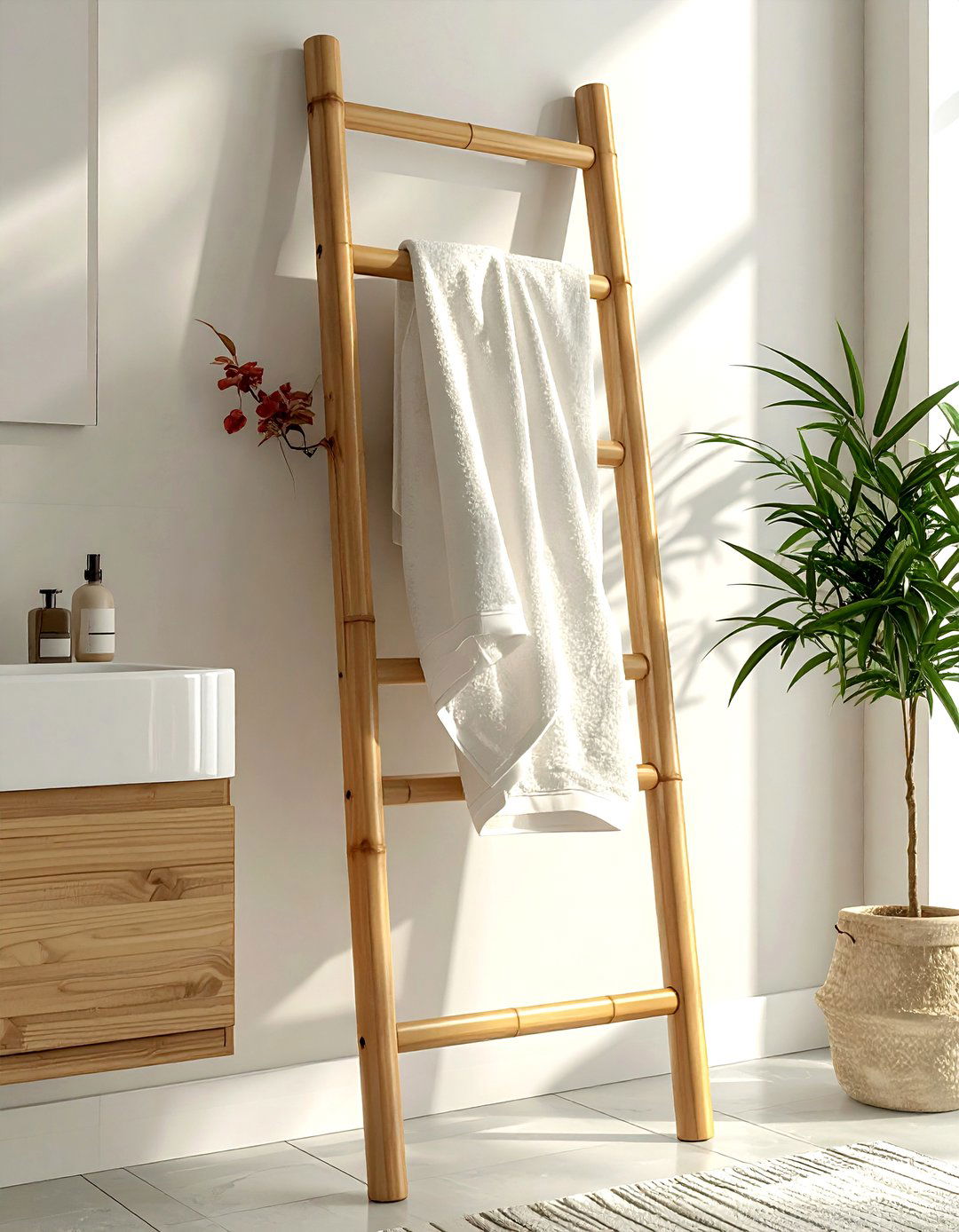 Bamboo Towel Ladder - 30 beige bathroom accessories ideas