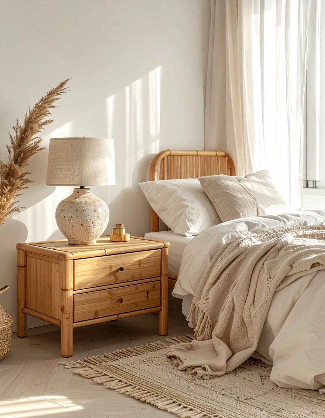 Bamboo bedside table - 30 bohemian cream bedroom ideas