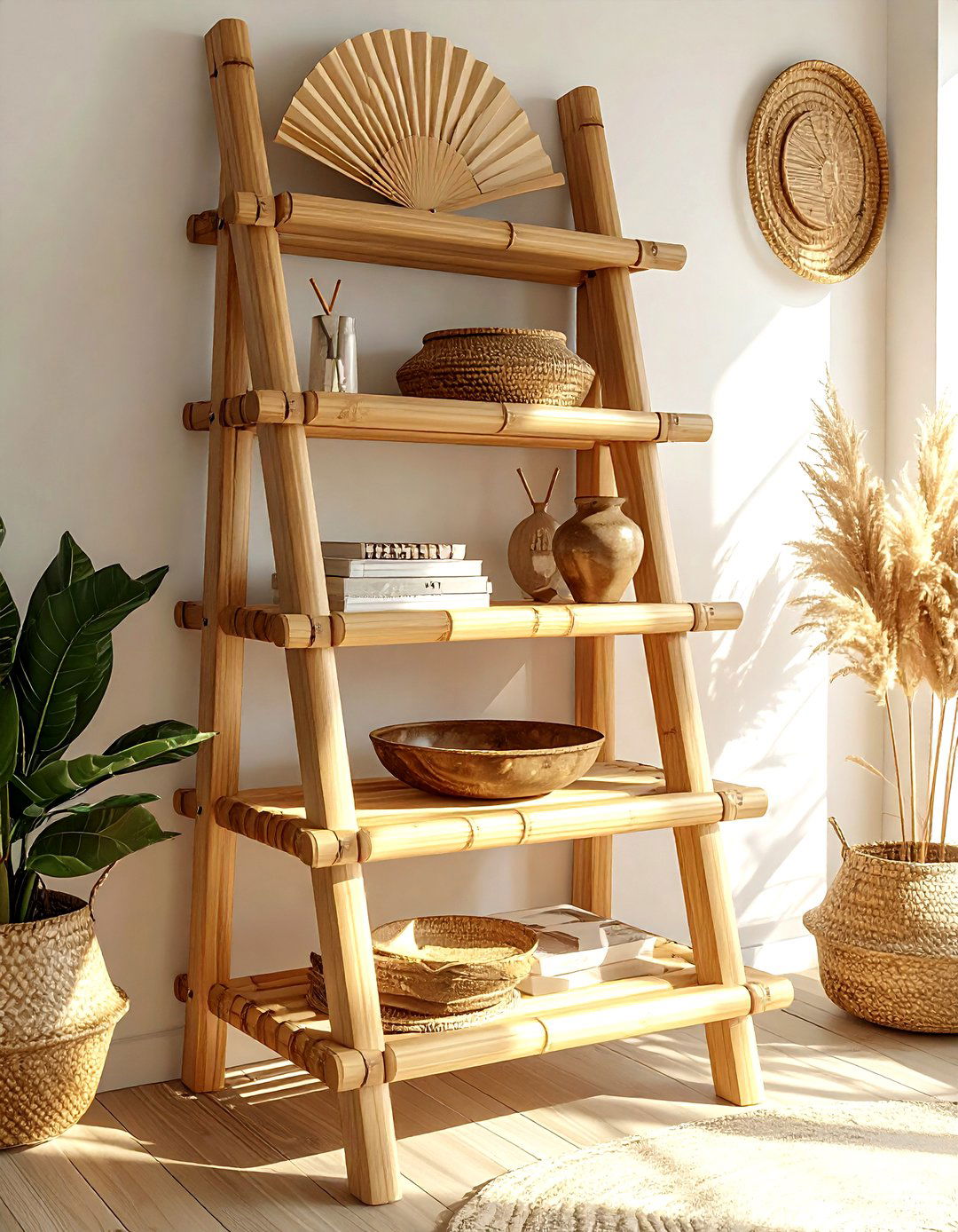 Bamboo ladder shelf - 30 living room ladder shelf ideas
