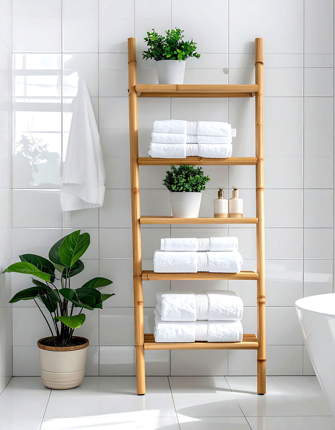 Bamboo ladder shelf - 30 bamboo decor ideas