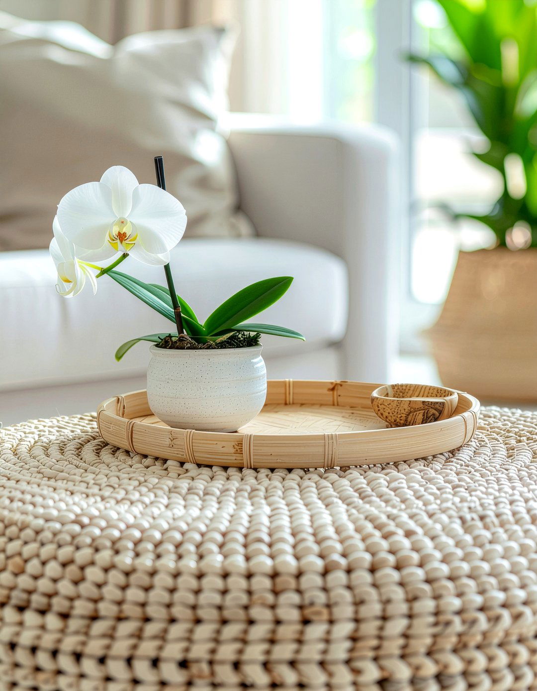Bamboo tray on neutral ottoman - 30 living room tray ottoman ideas