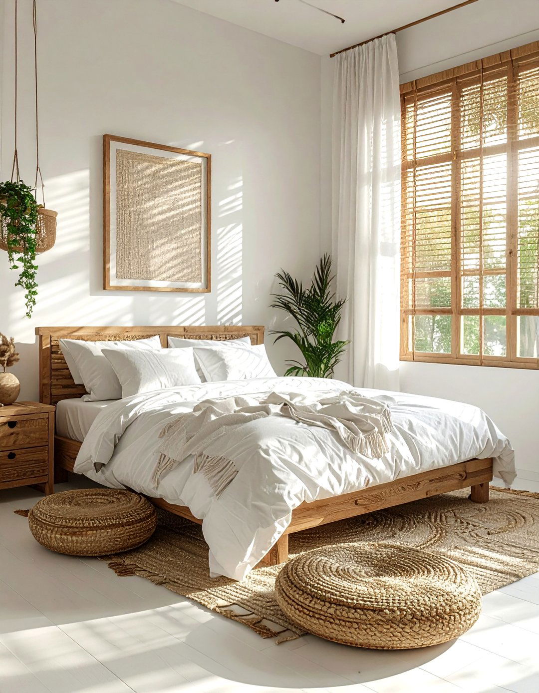 Bamboo window blinds - 30 bohemian white bedroom ideas