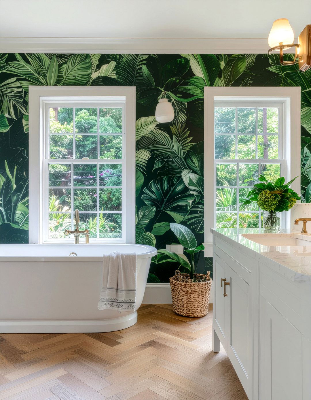Basketweave tile and botanical wallpaper - 30 bathroom pattern mixing ideas