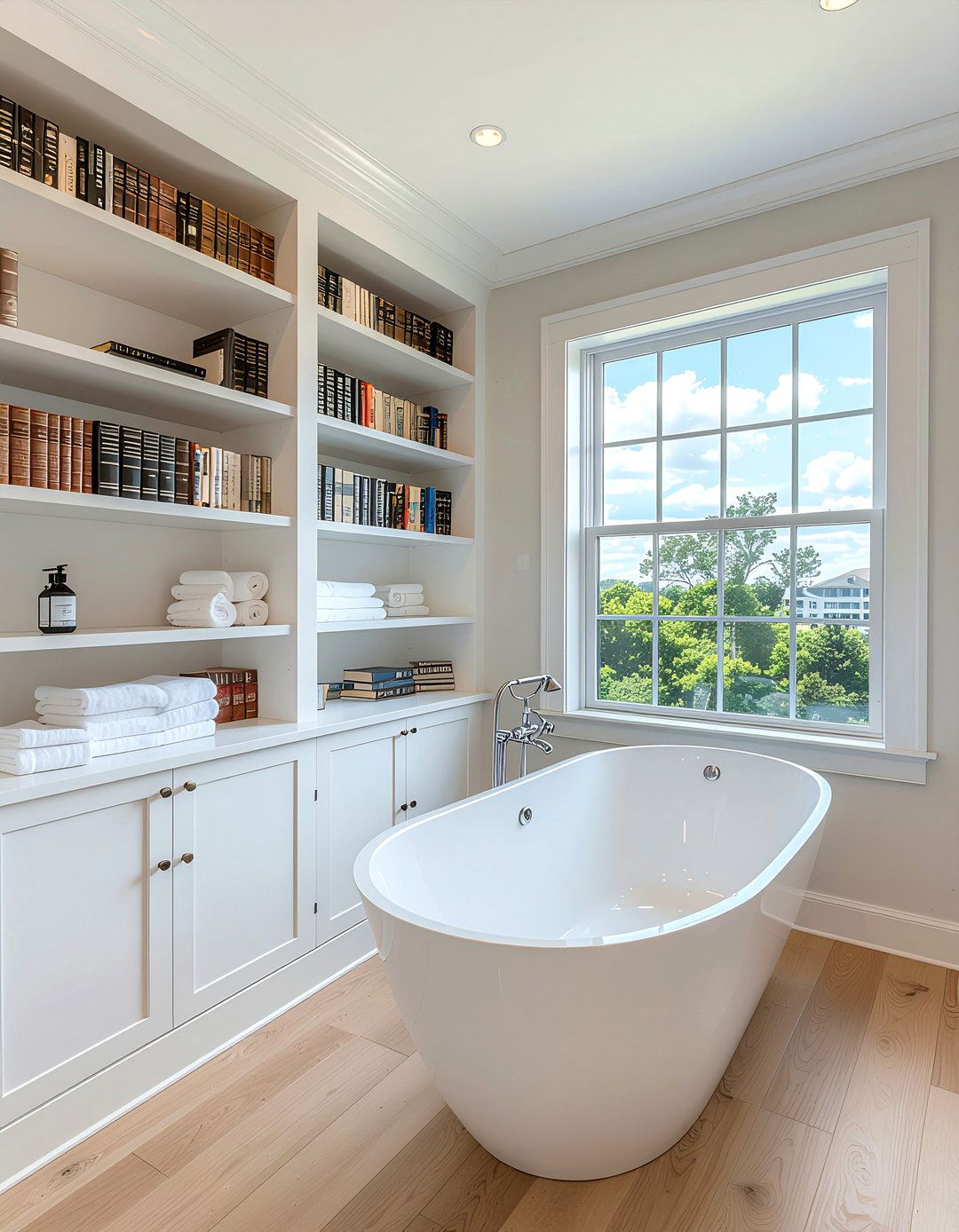 Bathroom bookshelf wall - 30 bathroom entertainment ideas