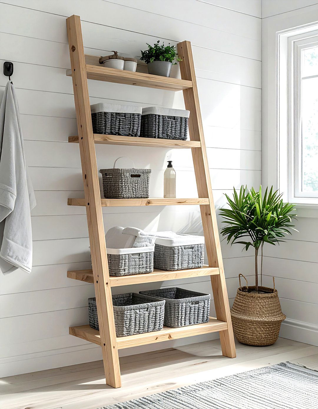 Bathroom ladder shelf - 30 bathroom overhead storage ideas