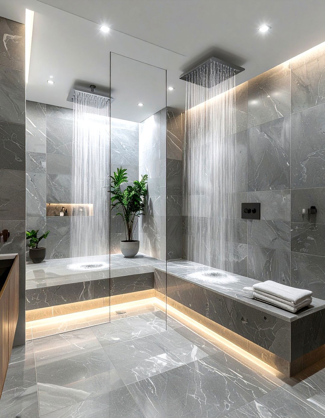 Bathroom with double shower heads and bench - 30 bathroom furniture arrangement