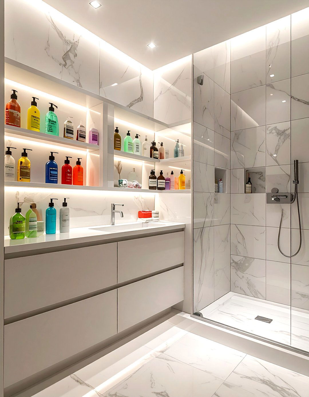 Bathroom with recessed wall niches for storage - 30 bathroom furniture arrangement