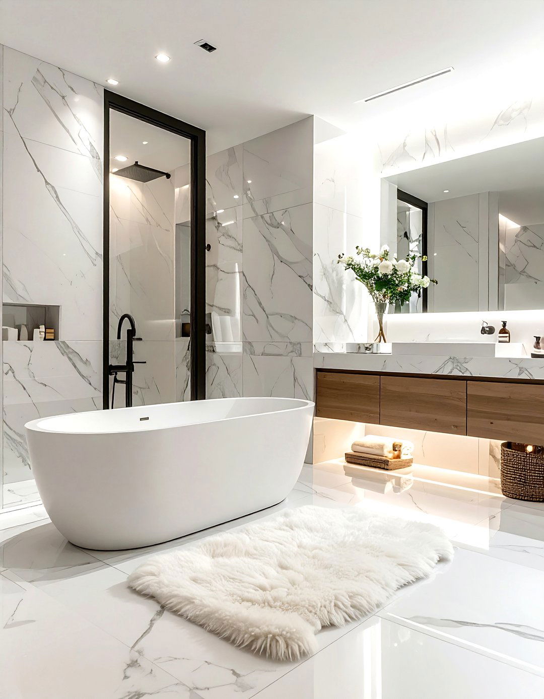 Bathroom with sheepskin rug floor mat - 30 sheepskin rug ideas