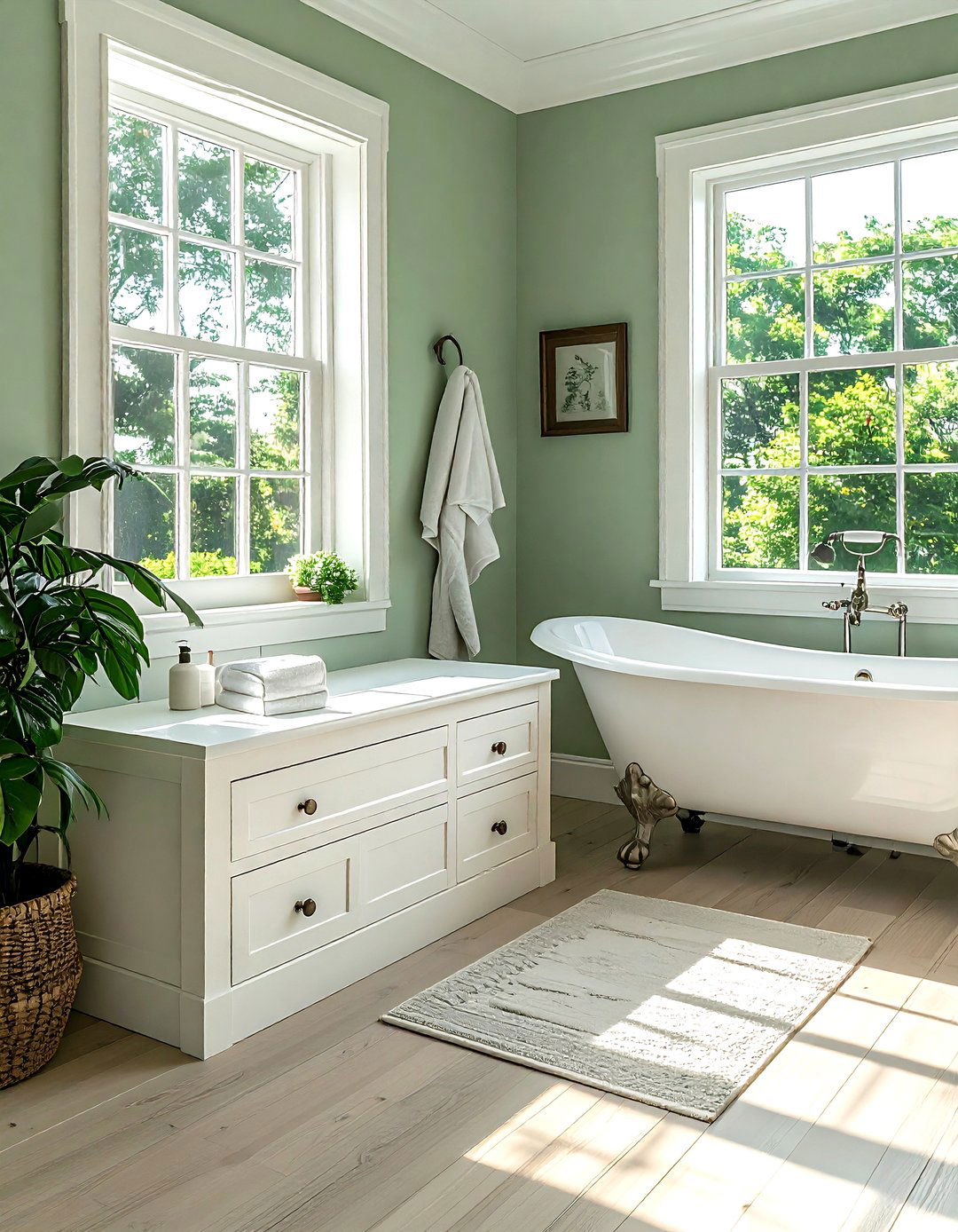 Bathroom with storage bench under window - 30 bathroom furniture arrangement