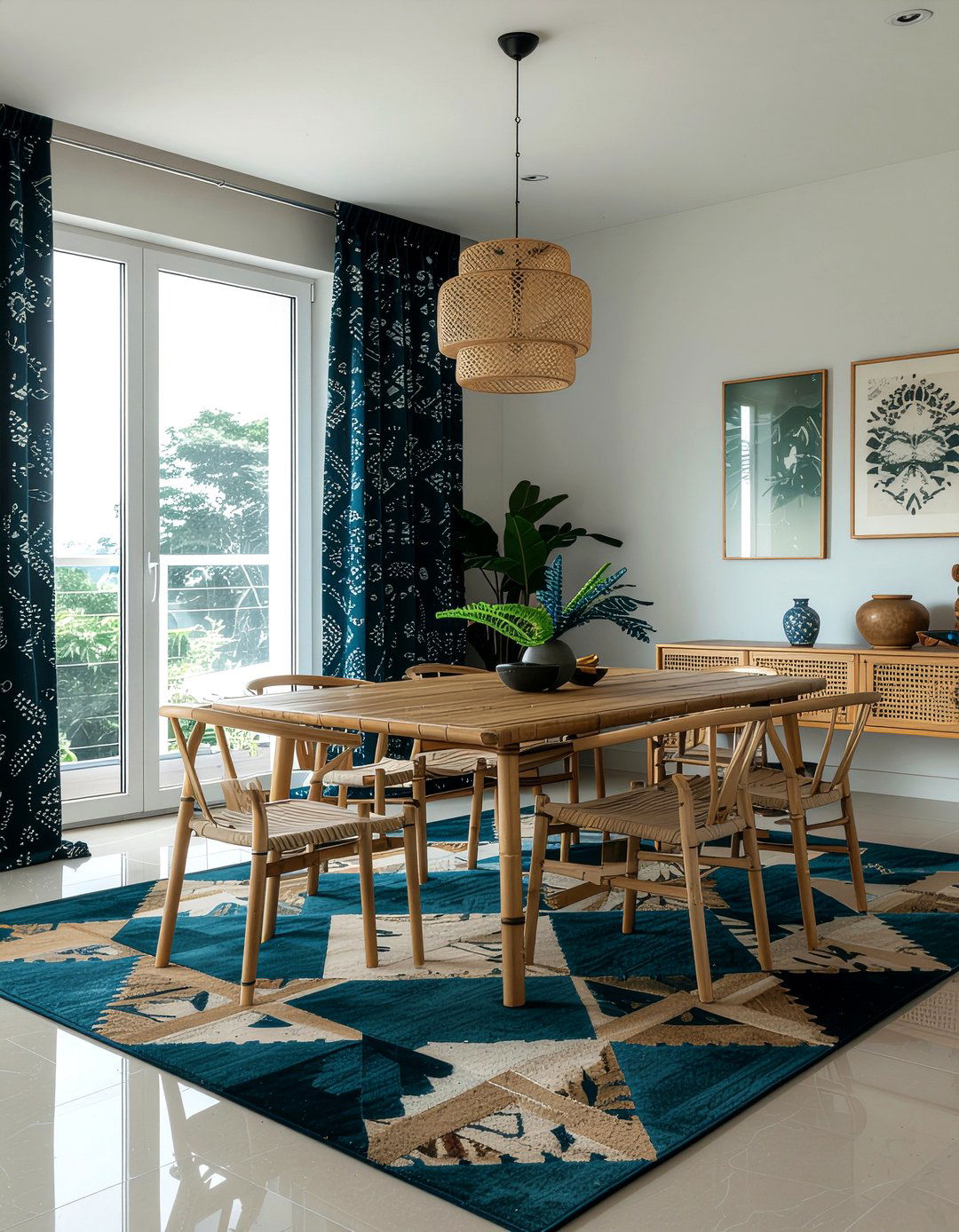 Batik Curtains And Geometric Rug - 30 dining room pattern mixing ideas