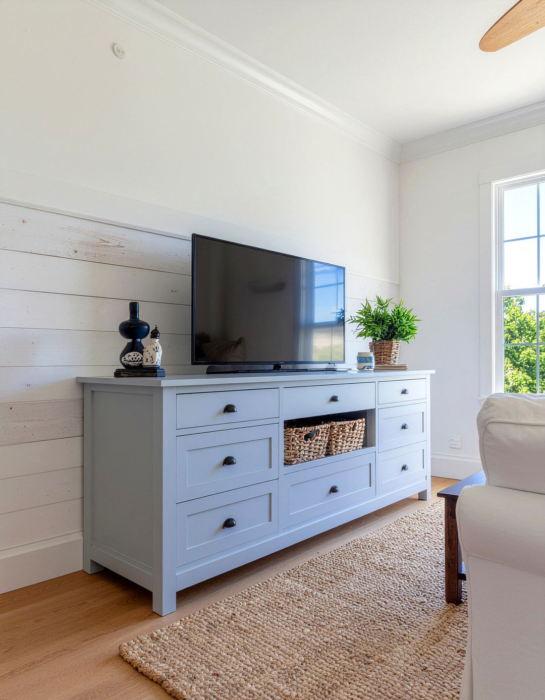 Beadboard TV Stand - 30 living room coastal furniture ideas