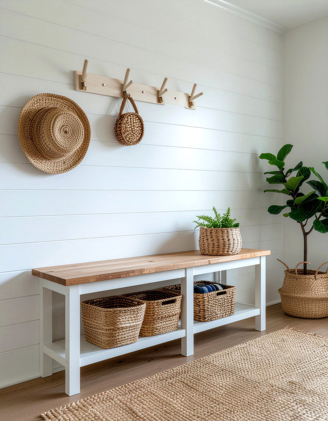 Beadboard mudroom bench in living space - 30 living room beadboard ideas