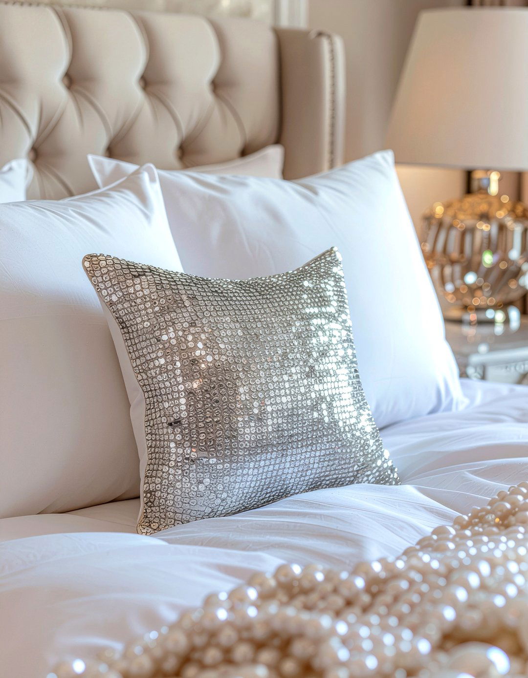 Beaded throw pillow - 30 glam bedroom ideas