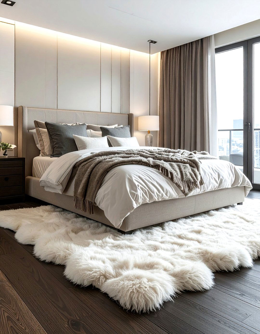 Bed foot with sheepskin rug runner - 30 sheepskin rug ideas