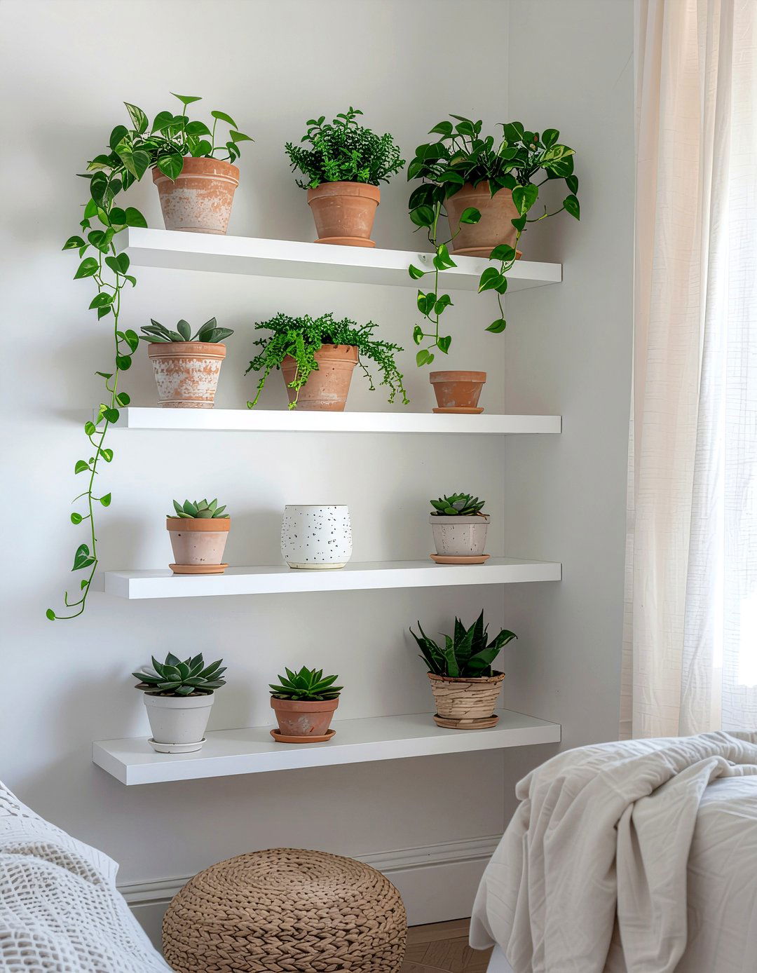 Bedroom plant display - 30 floating shelf decor ideas