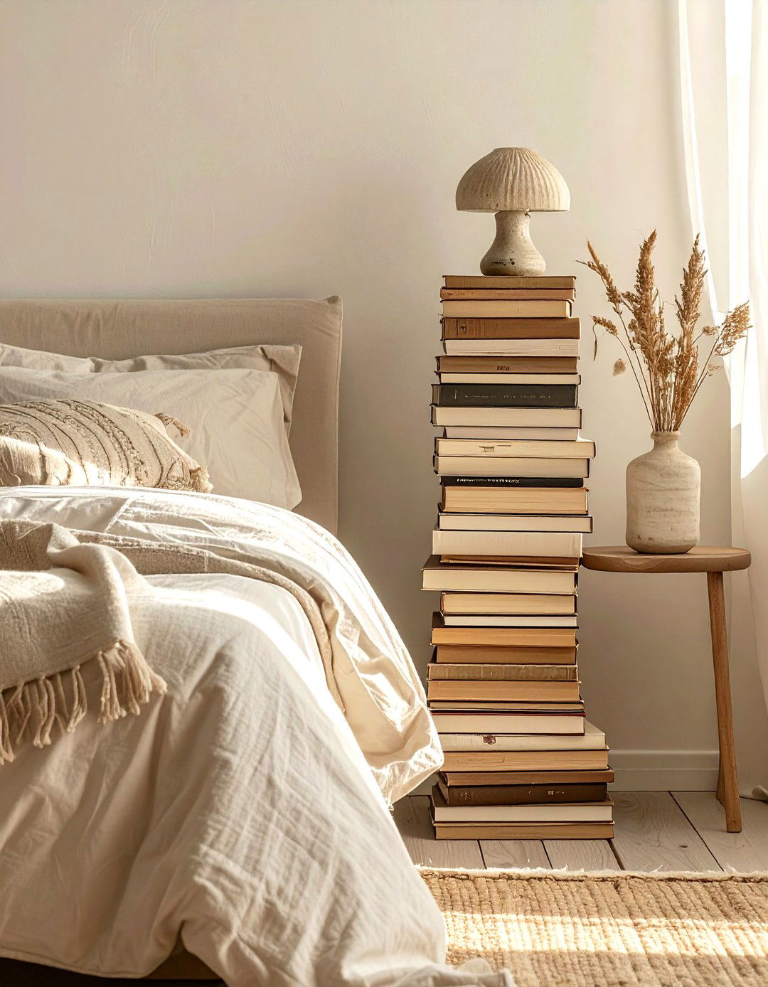 Bedside book tower - 30 book decor ideas