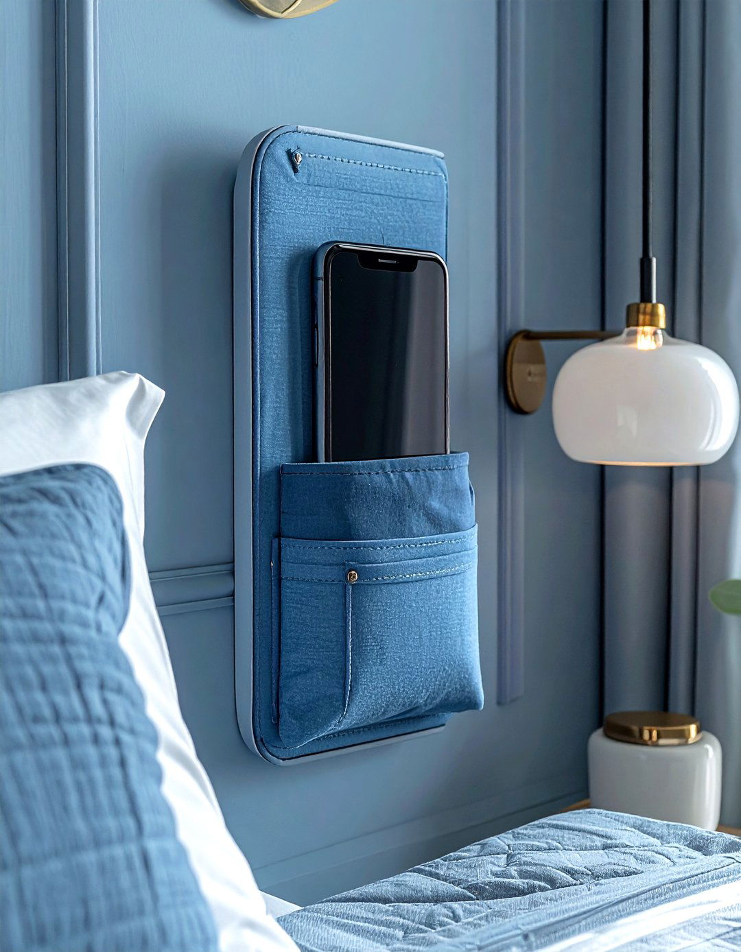 Bedside phone holder - 30 command strip decor ideas
