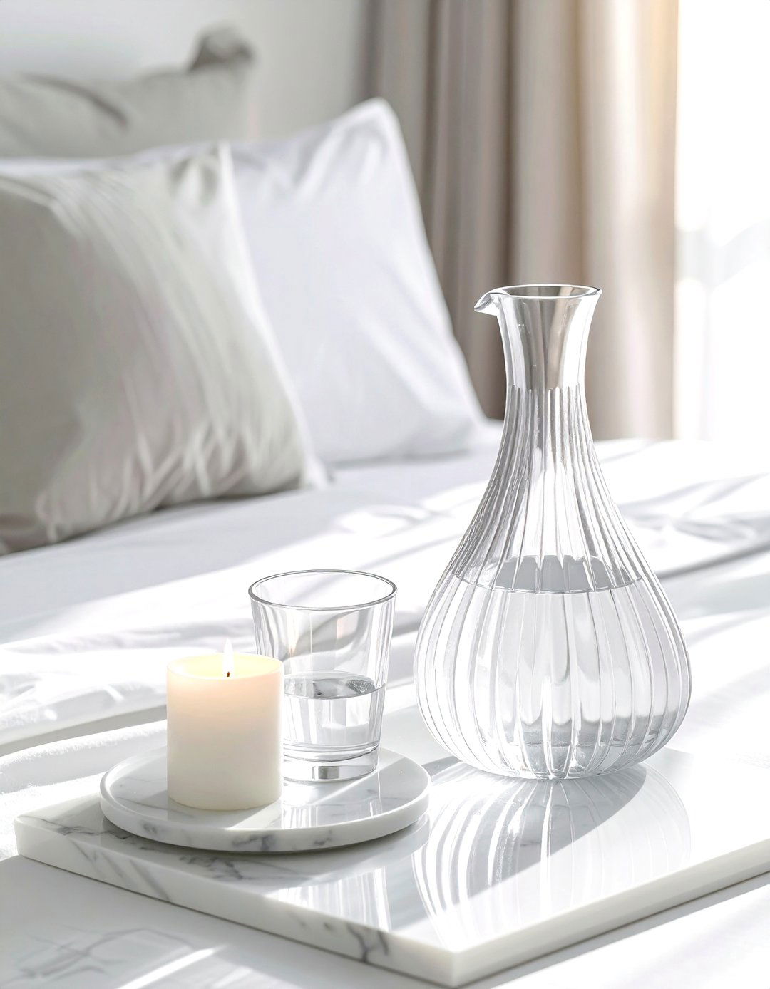 Bedside water carafe set - 30 nightstand vignette ideas