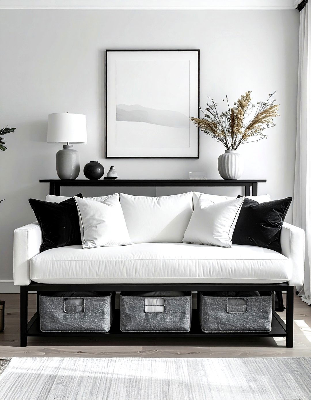 Behind Sofa Console Table - 30 living room pillow storage ideas