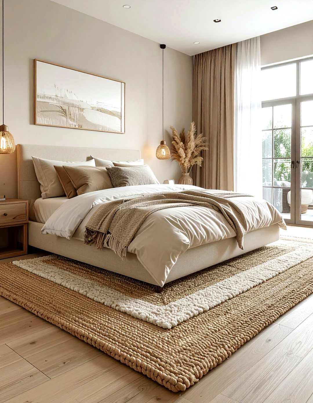 Beige Bedroom Layered Rugs - 30 minimalist beige bedroom ideas