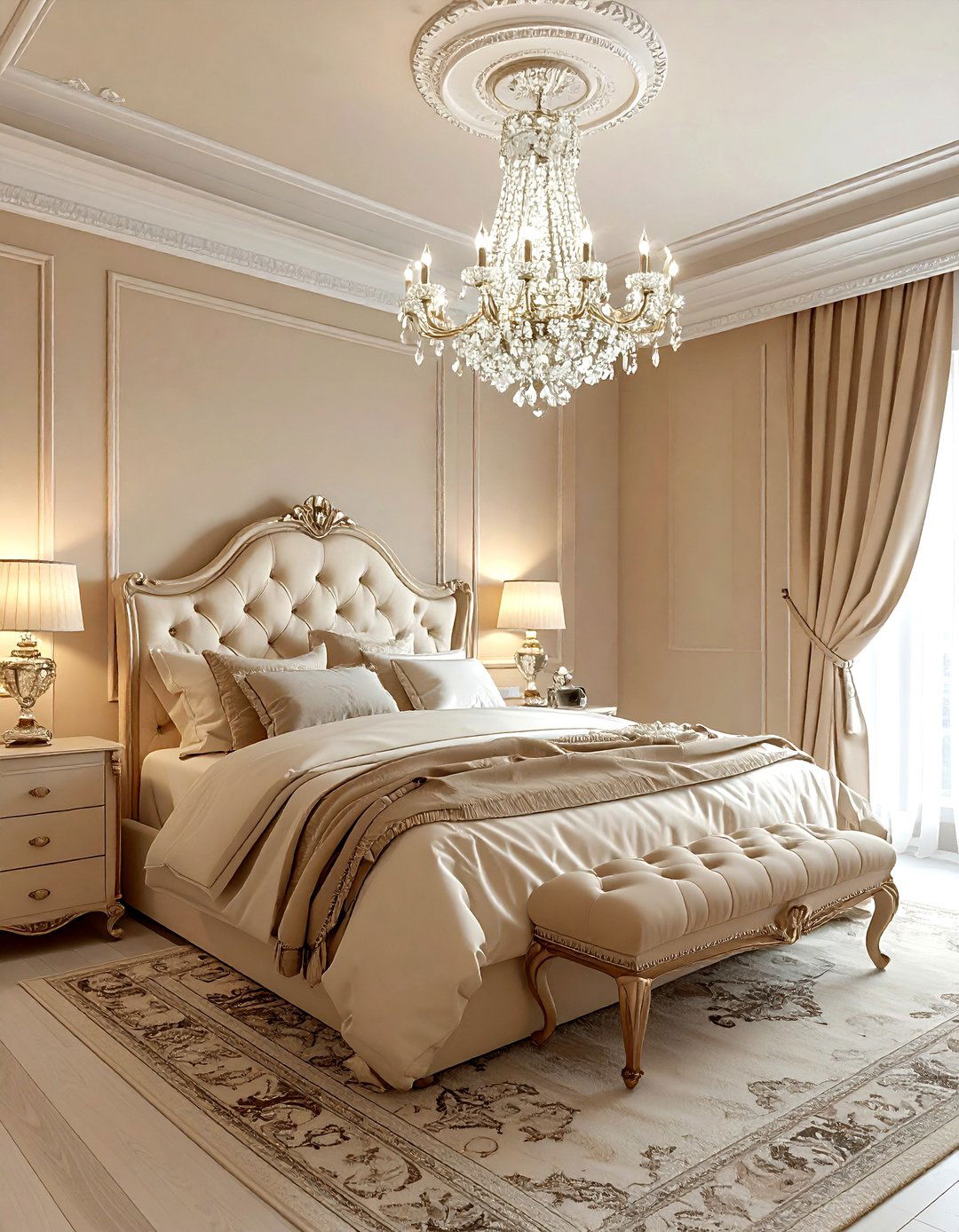 Beige Bedroom With Crystal Chandelier - 30 traditional beige bedroom ideas