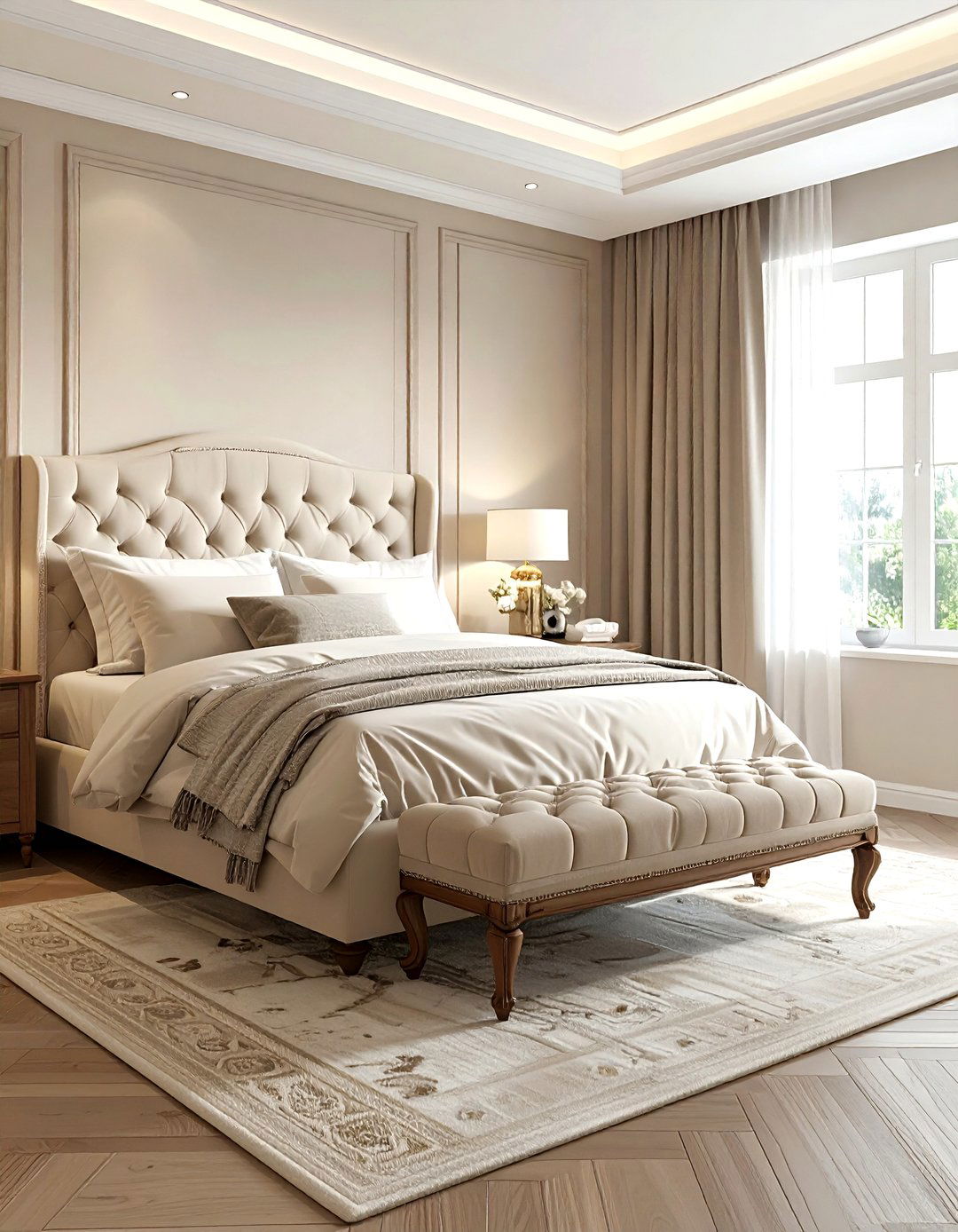 Beige Bedroom With Upholstered Bench - 30 traditional beige bedroom ideas