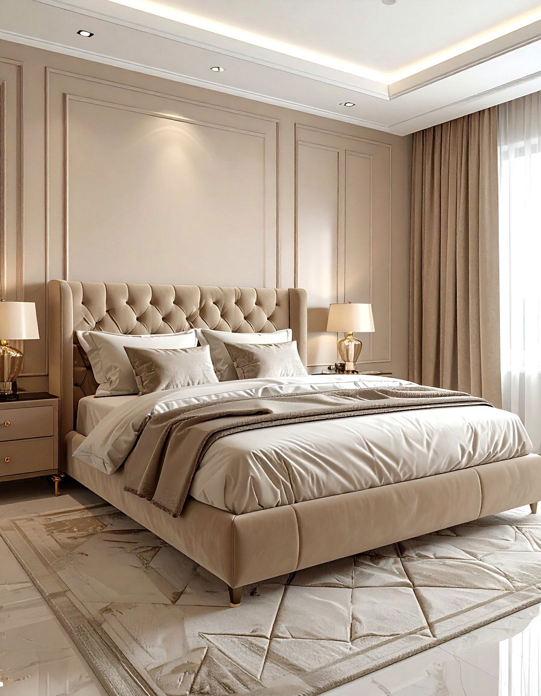 Beige Bedroom With Velvet Headboard - 30 beige bedroom ideas