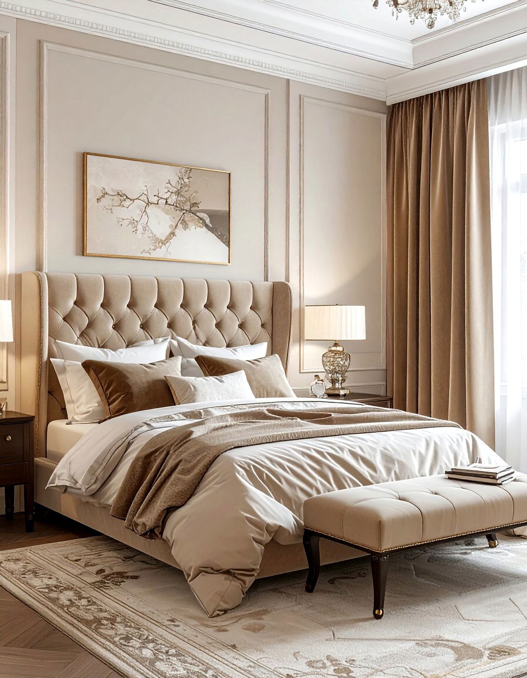 Beige Bedroom With Velvet Textures - 30 traditional beige bedroom ideas