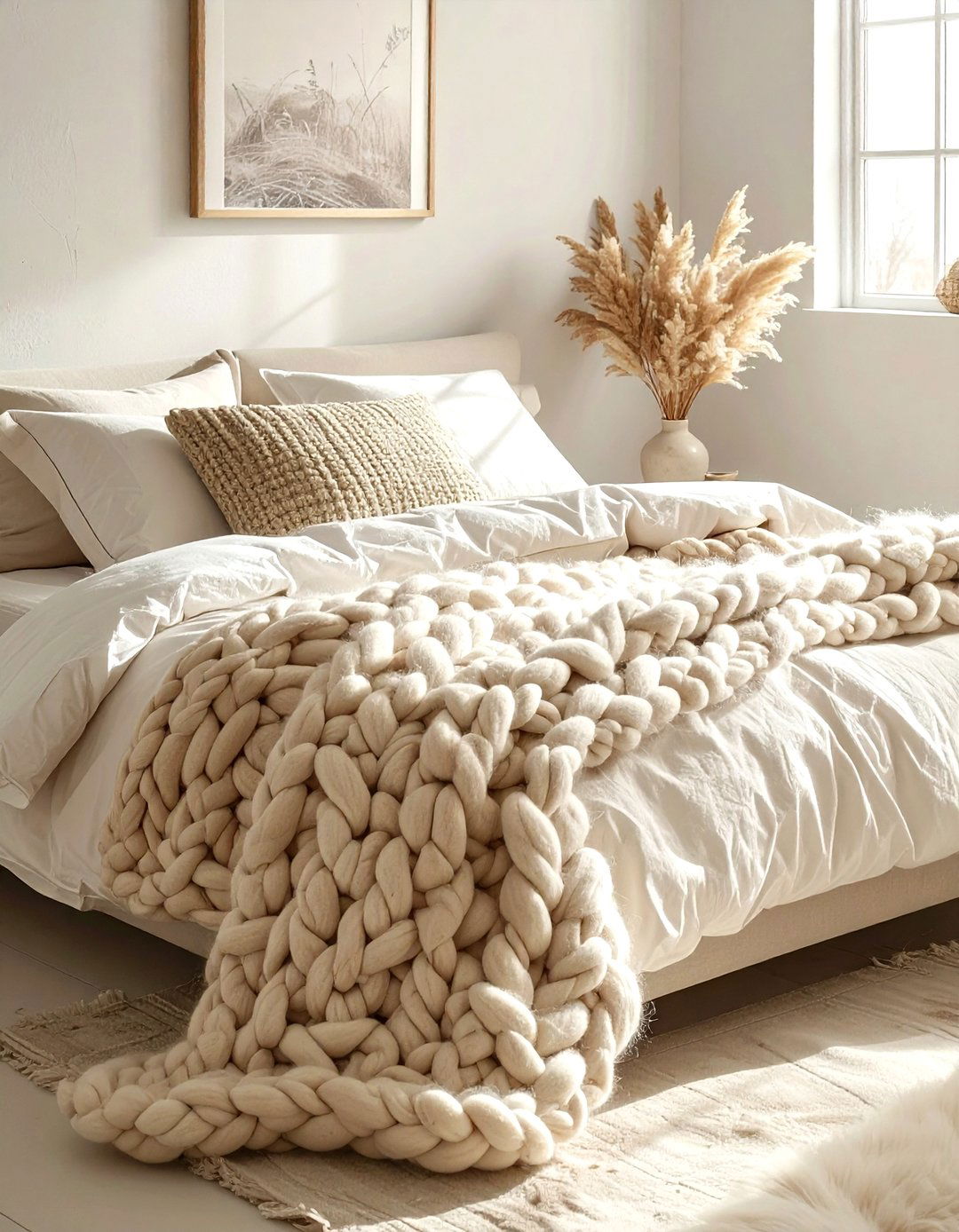Beige Chunky Knit Blanket - 30 soft minimalist bedroom ideas