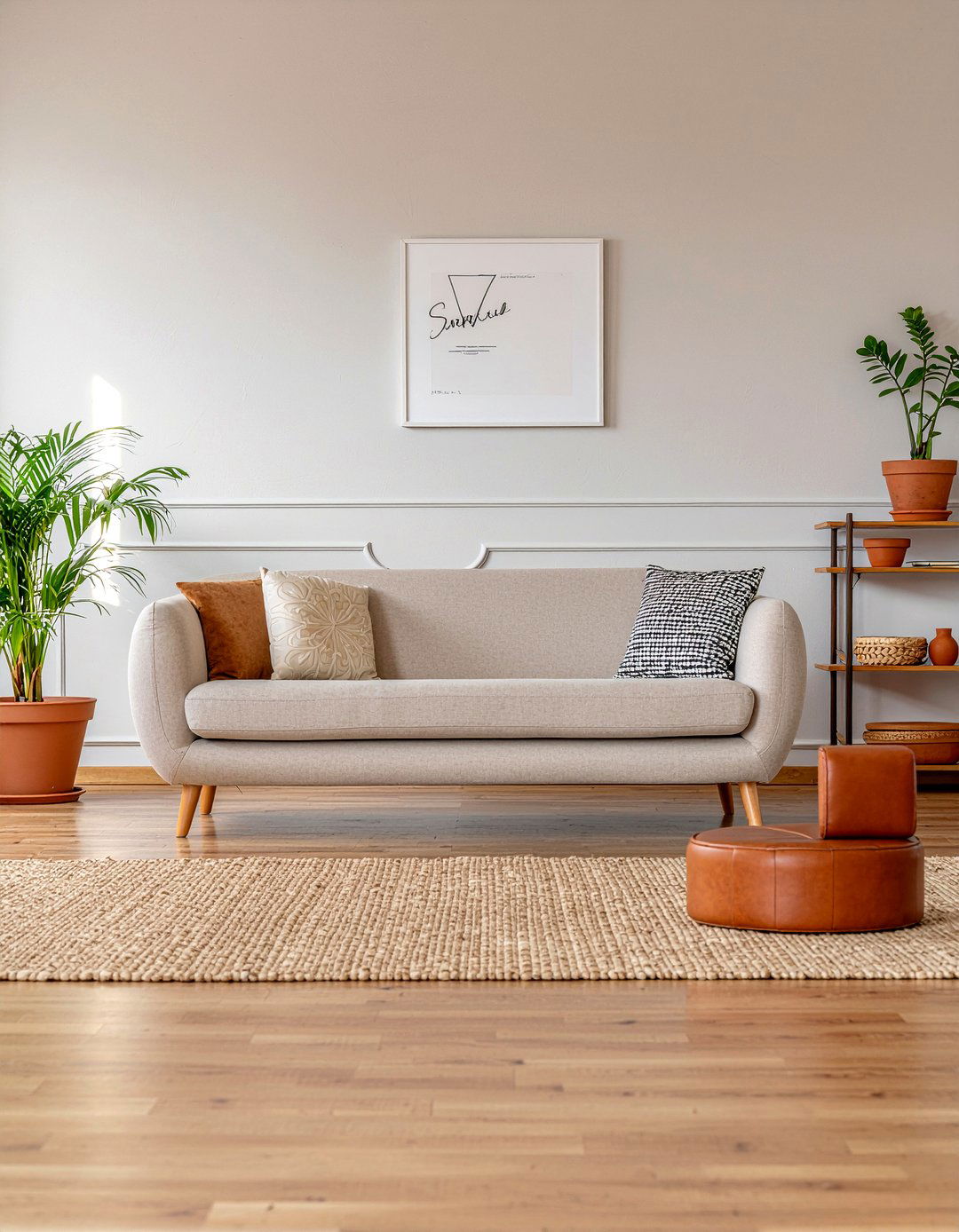 Beige Fabric Upholstered Sofa - 30 living room mid-century sofa ideas