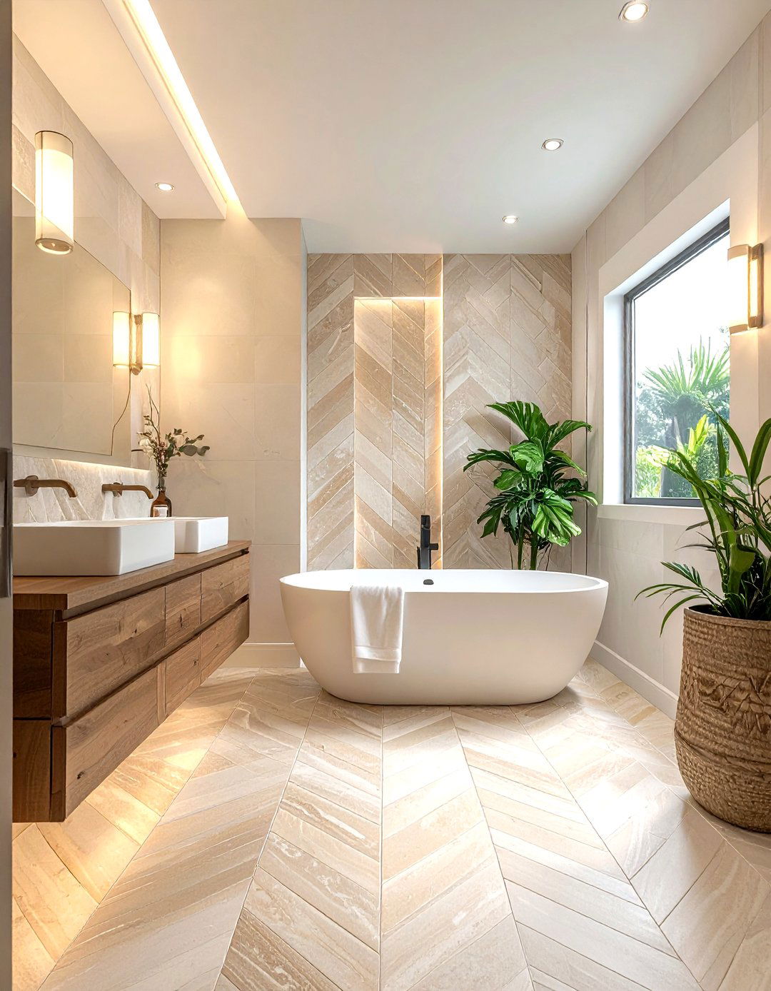 Beige Limestone Chevron Tile - 30 chevron tile bathroom ideas