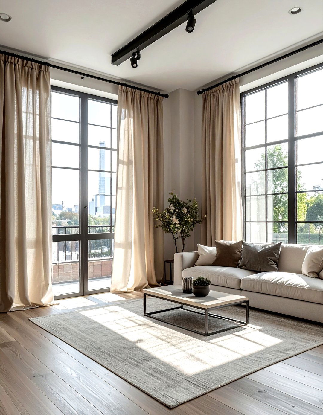Beige Linen Curtains Industrial Windows - 30 industrial beige living room ideas