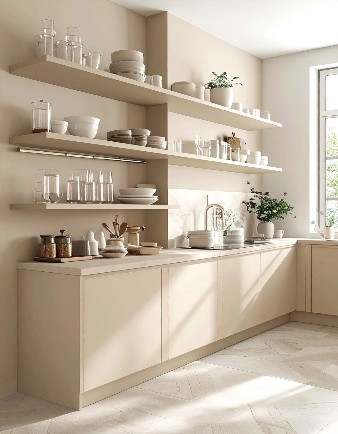 Beige Open Shelving - 30 beige kitchen decor ideas