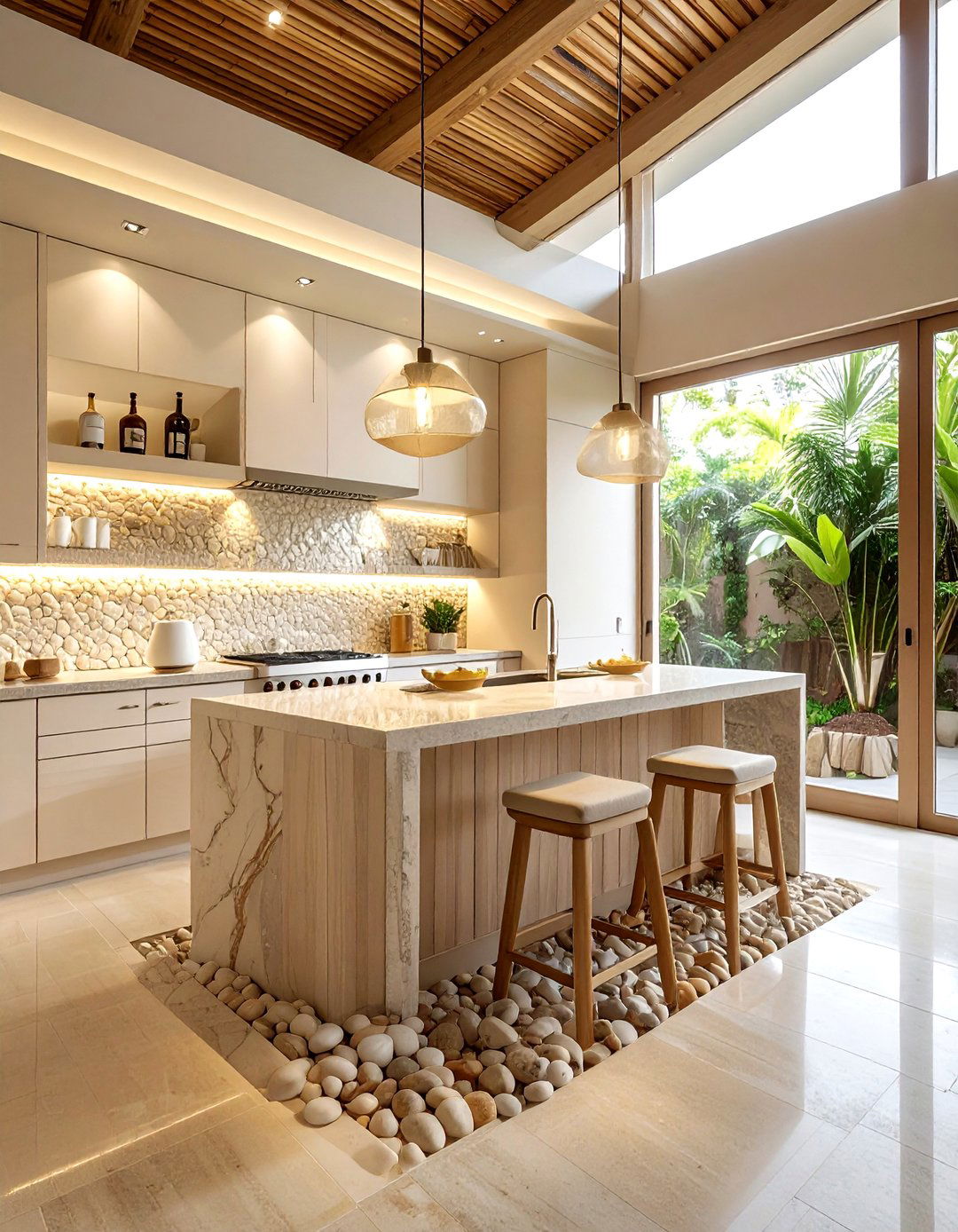 Beige River Rock - 30 natural stone kitchen backsplash ideas