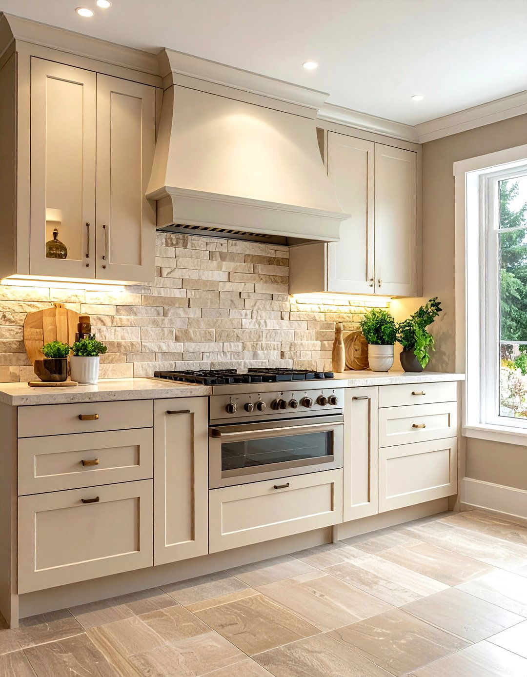 Beige Stone Look Tile - 30 stacked tile kitchen backsplash ideas