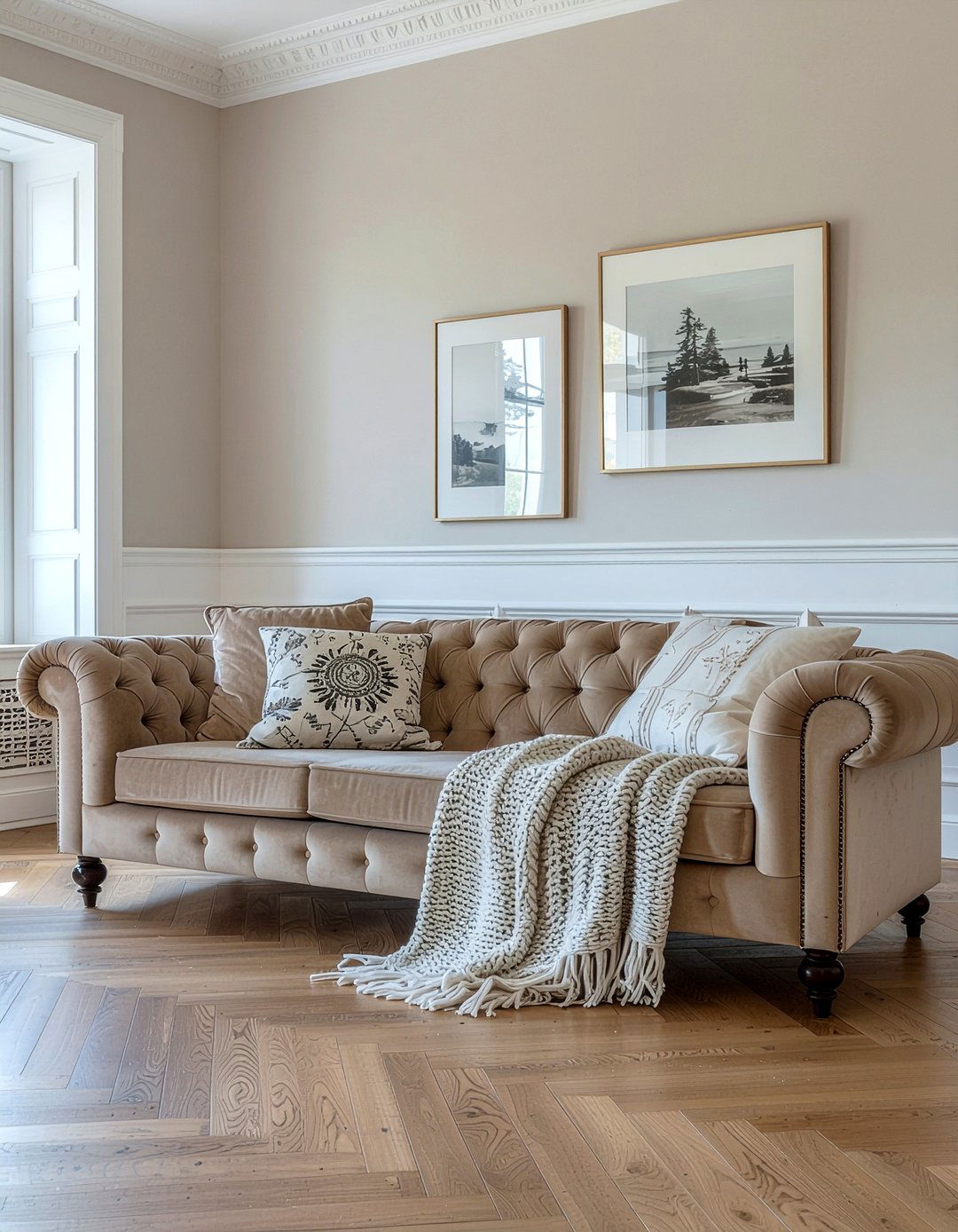 Beige Velvet Sofa - 30 light academia living room ideas