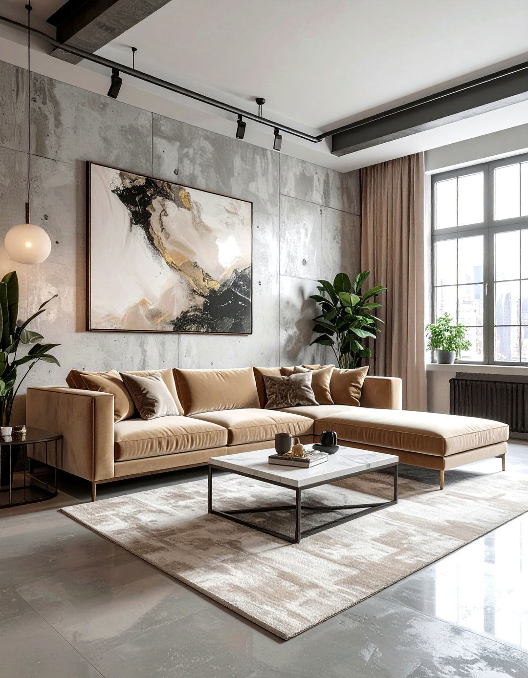 Beige Velvet Sofa Industrial Loft - 30 industrial beige living room ideas