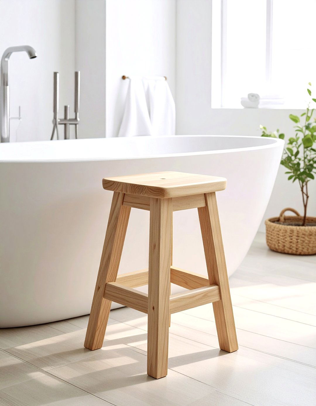 Beige Wood Stool - 30 beige bathroom accessories ideas