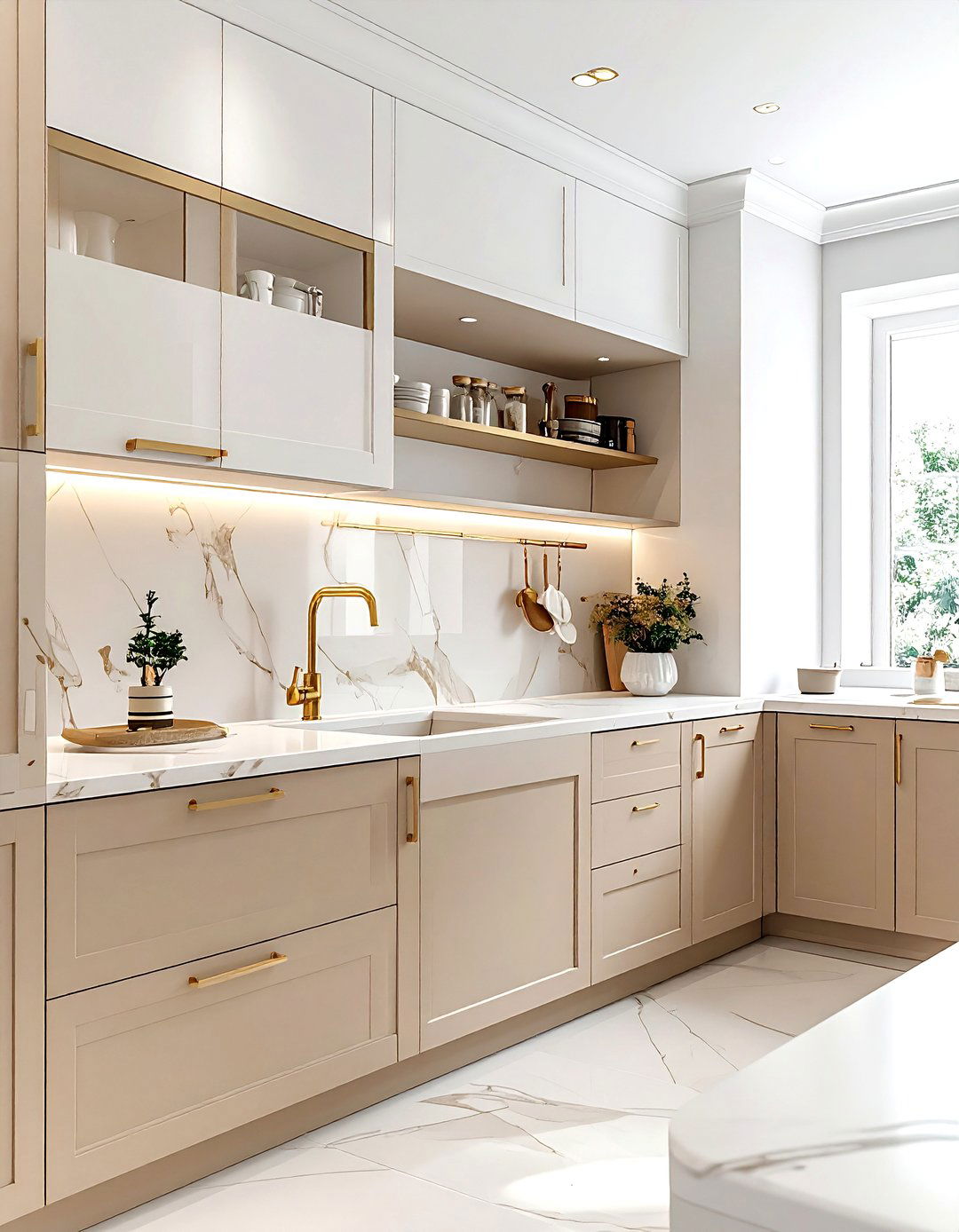 Beige and White Kitchen Brass Accents - 30 beige and white kitchen ideas
